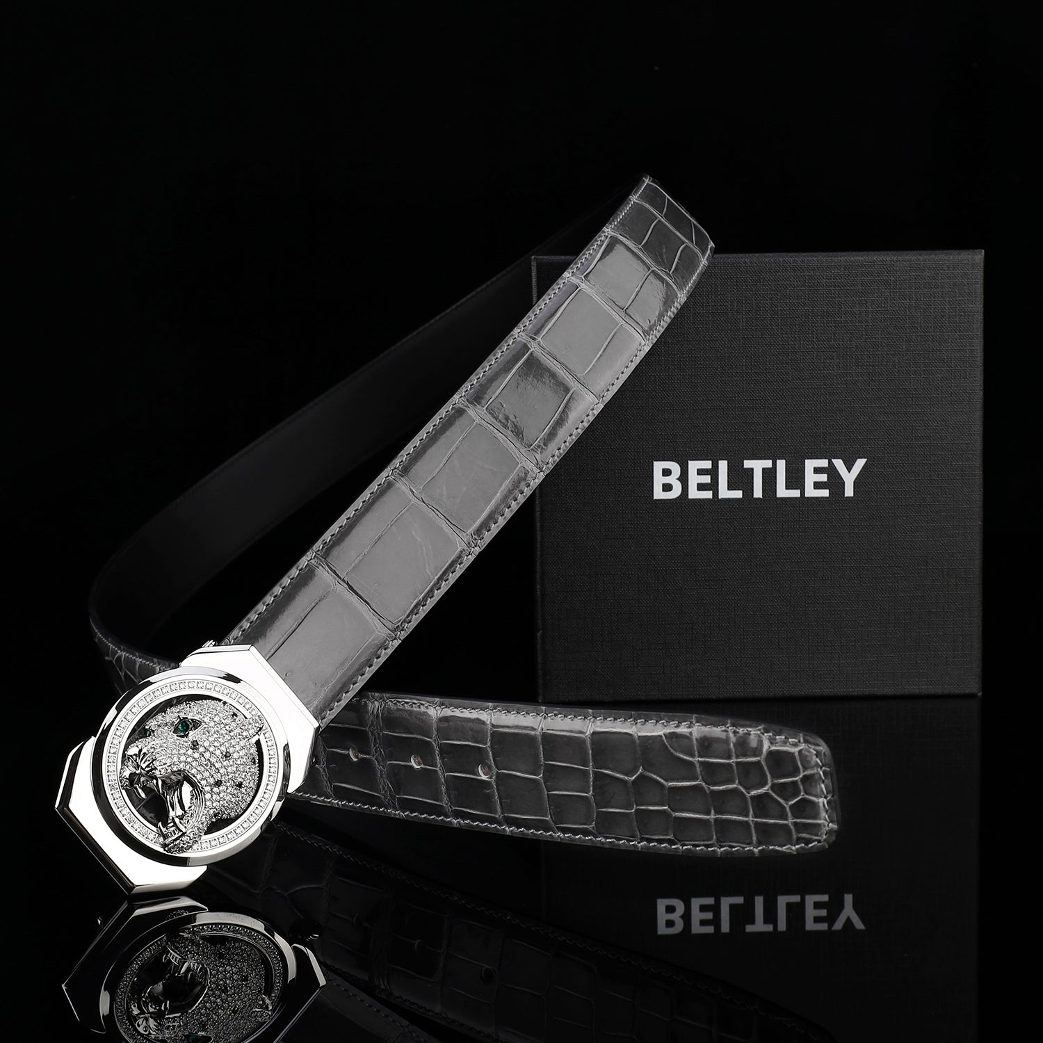 BELTLEY Polished Graphite Gray Crocodile Belt for Men