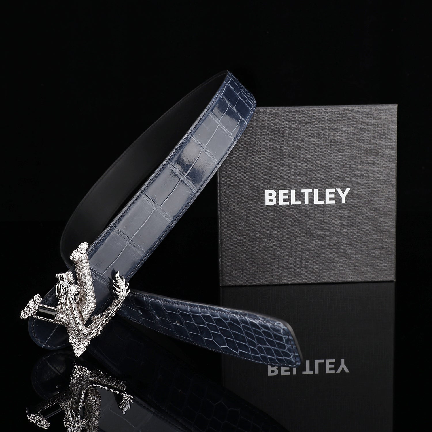 BELTLEY Polished Storm Blue Crocodile Belt – Premium Belt for Men