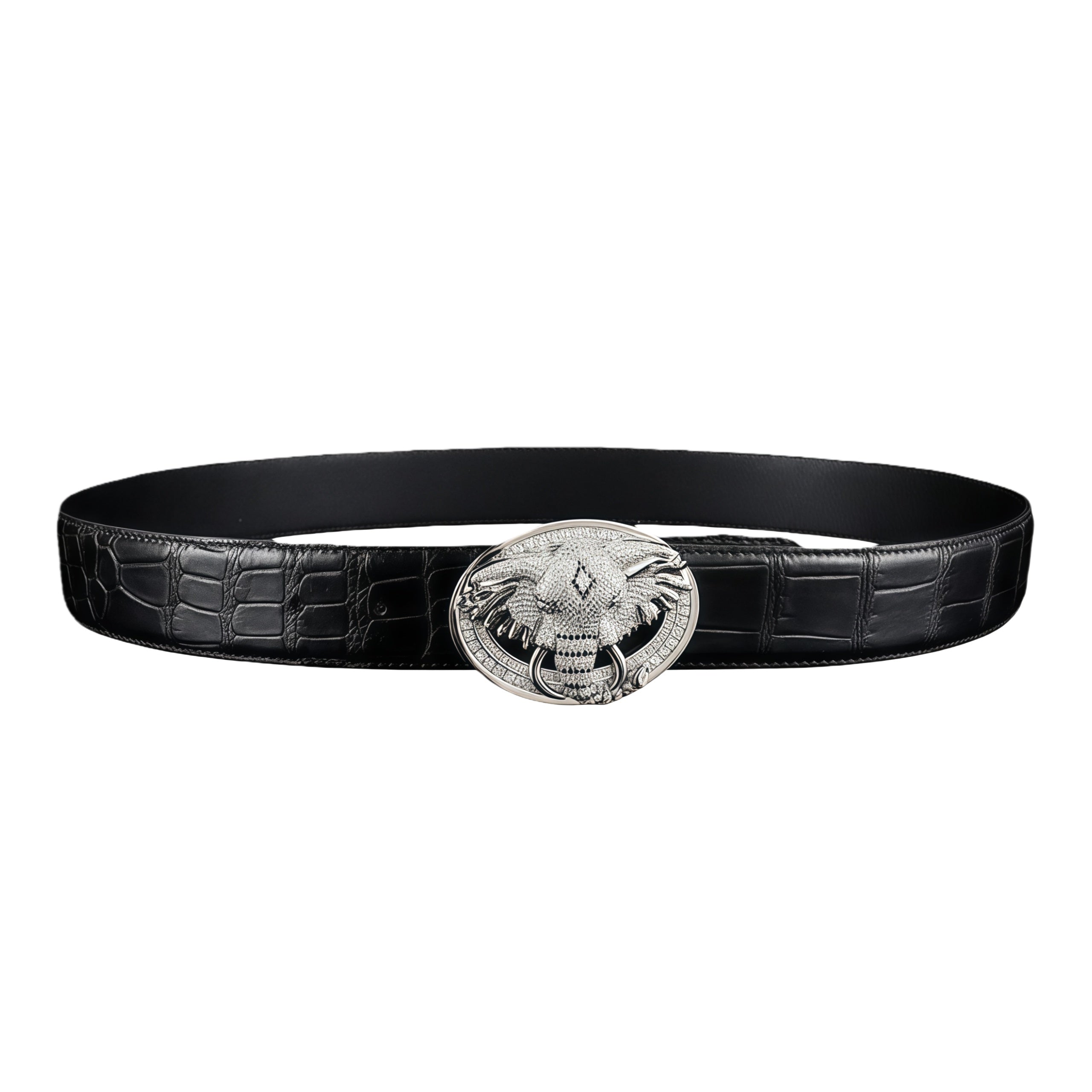 BELTLEY Premium Black Crocodile  Men's Belt With Elephant Buckle