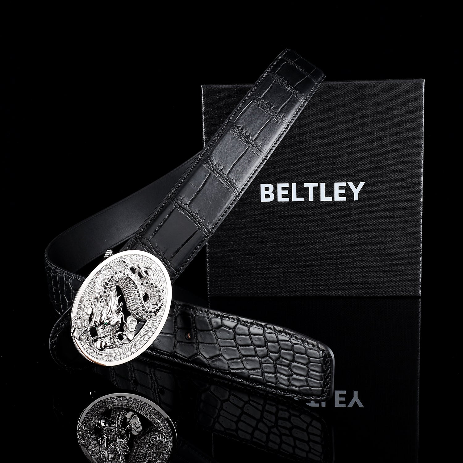 BELTLEY Premium Black Crocodile Skin Belt With  Silver Chinese Long Buckle