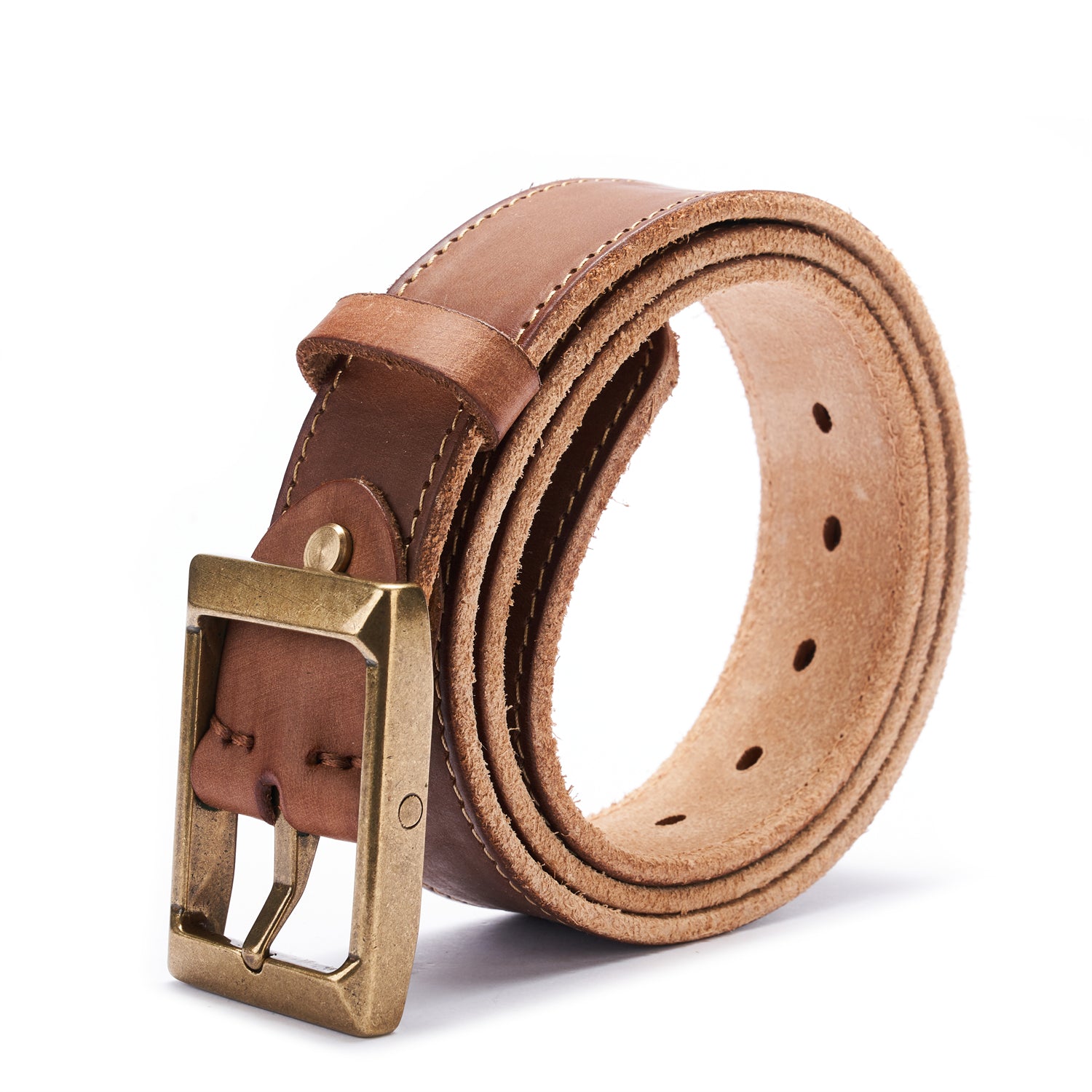 BELTLEY Premium Brown Leather Belt - Hand-Antiqued, Suede Back, Raw Edge, 1.5 Inches
