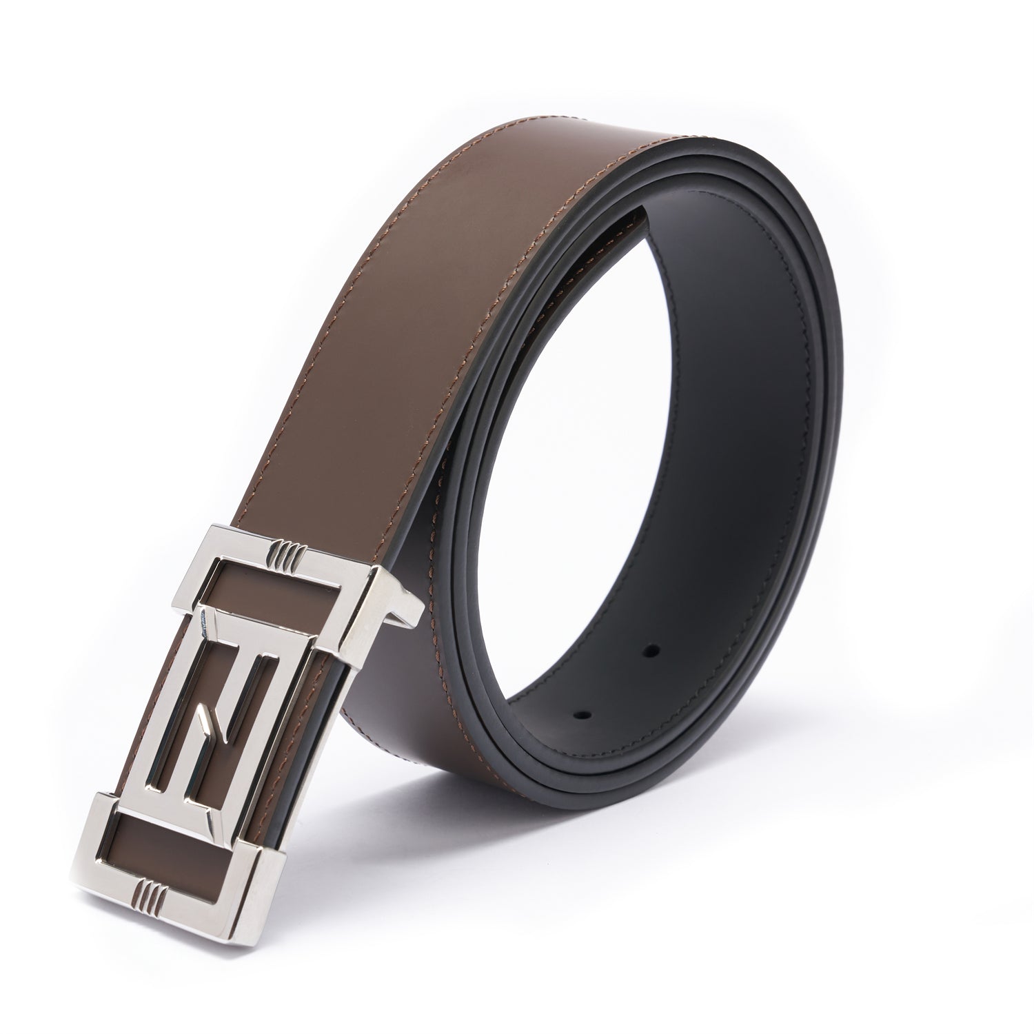 BELTLEY Premium Dual-Layer Brown Leather Belt With Plate Buckle - 1.5" Width