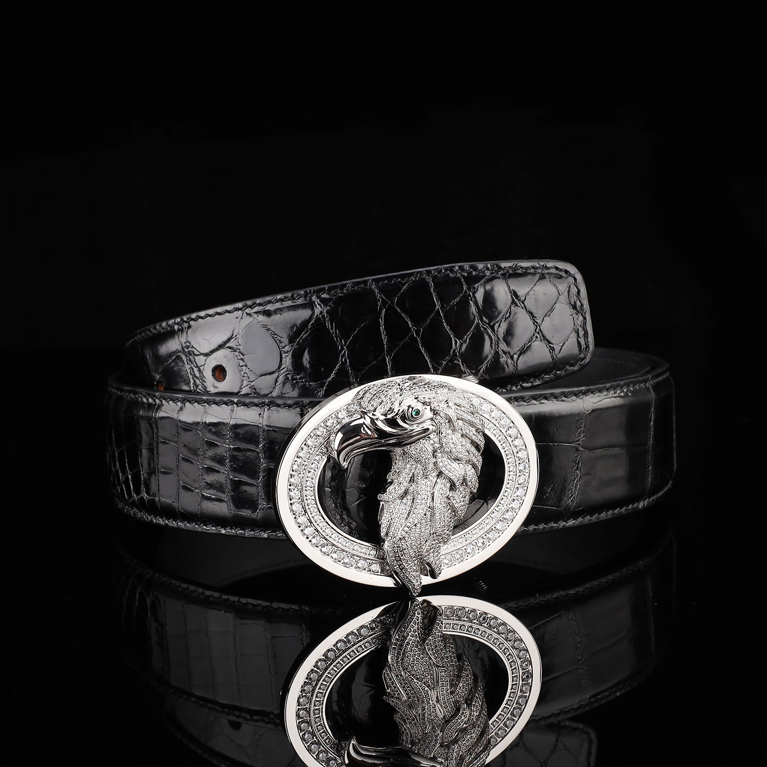 BELTLEY Premium Glazed Black Nile Crocodile Skin Belt