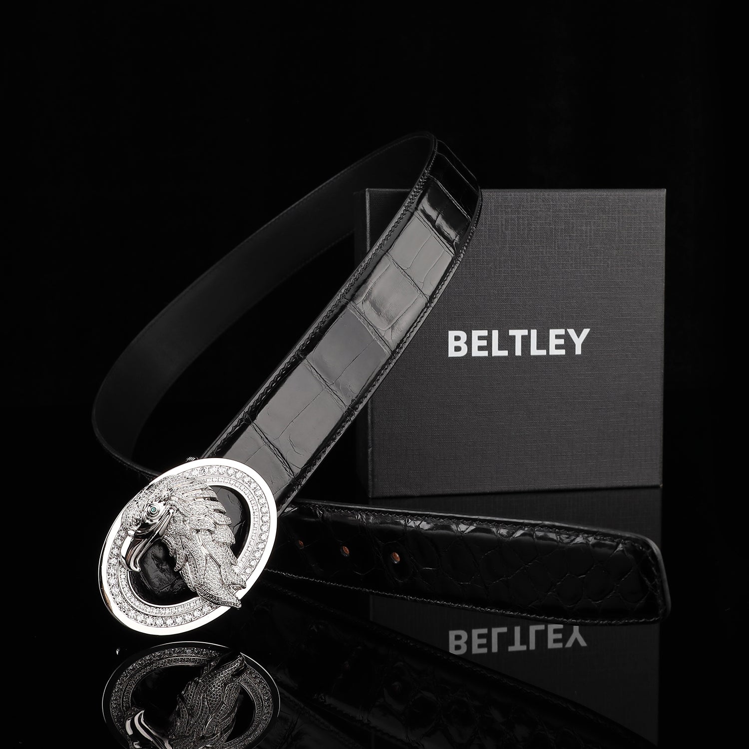 BELTLEY Premium Glazed Black Nile Crocodile Skin Belt