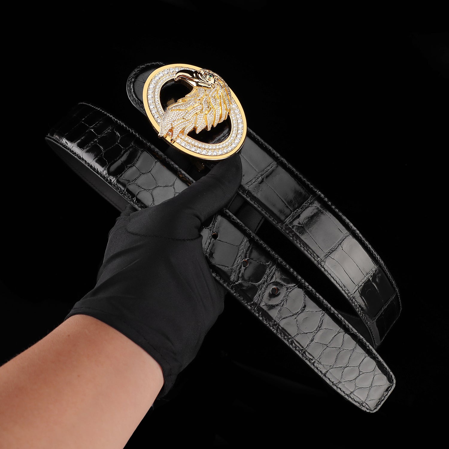 BELTLEY Premium Glazed Black Nile Crocodile Skin Belt