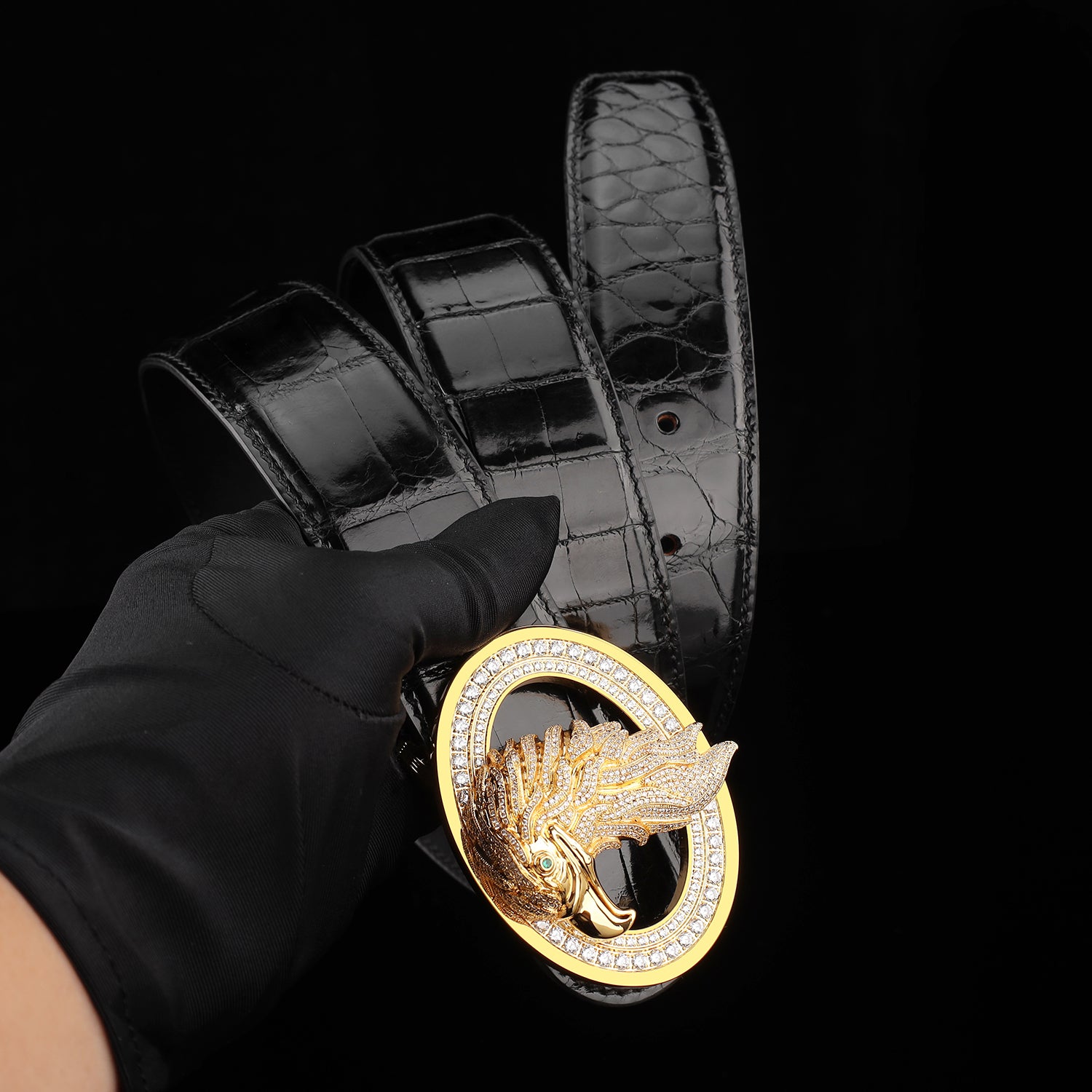 BELTLEY Premium Glazed Black Nile Crocodile Skin Belt