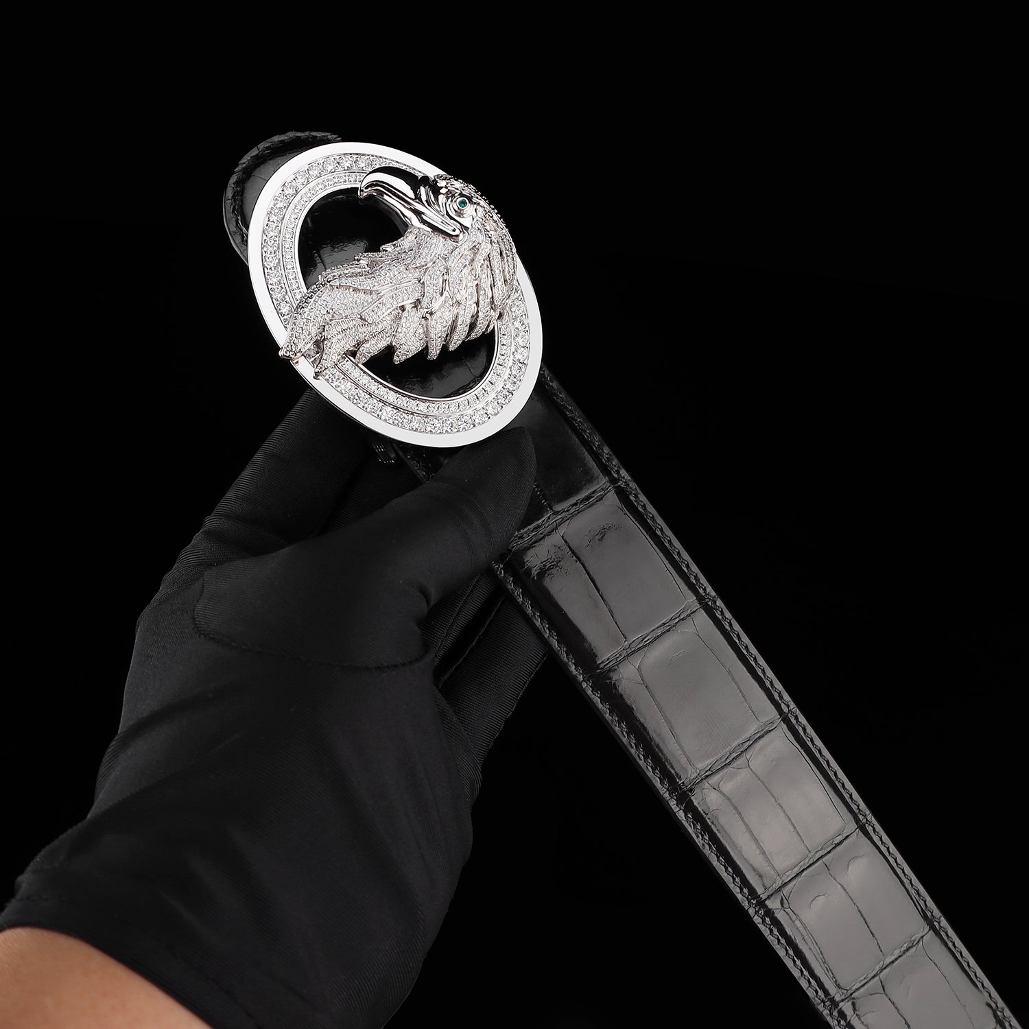 BELTLEY Premium Glazed Black Nile Crocodile Skin Belt