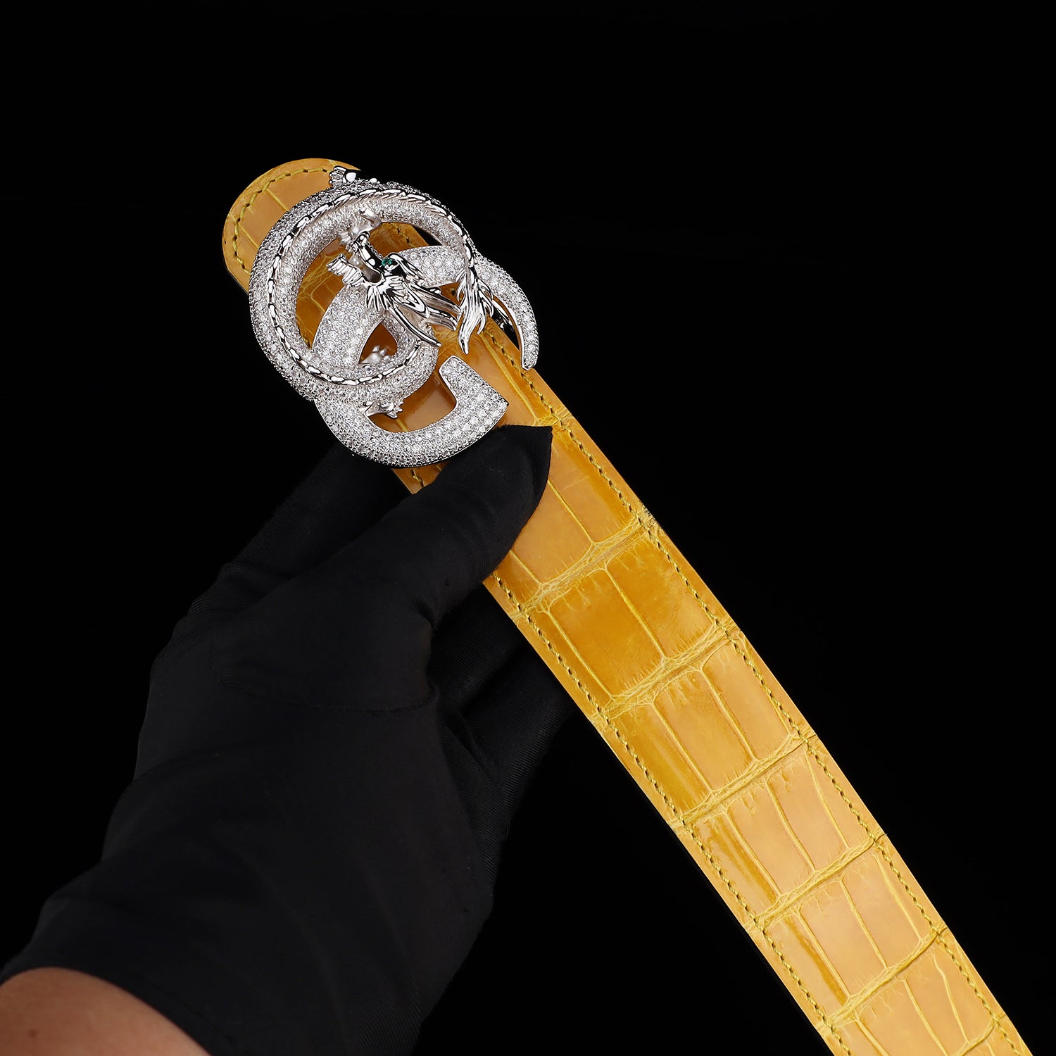 BELTLEY Premium Polished Crocodile Leather Belt – Amber Gold