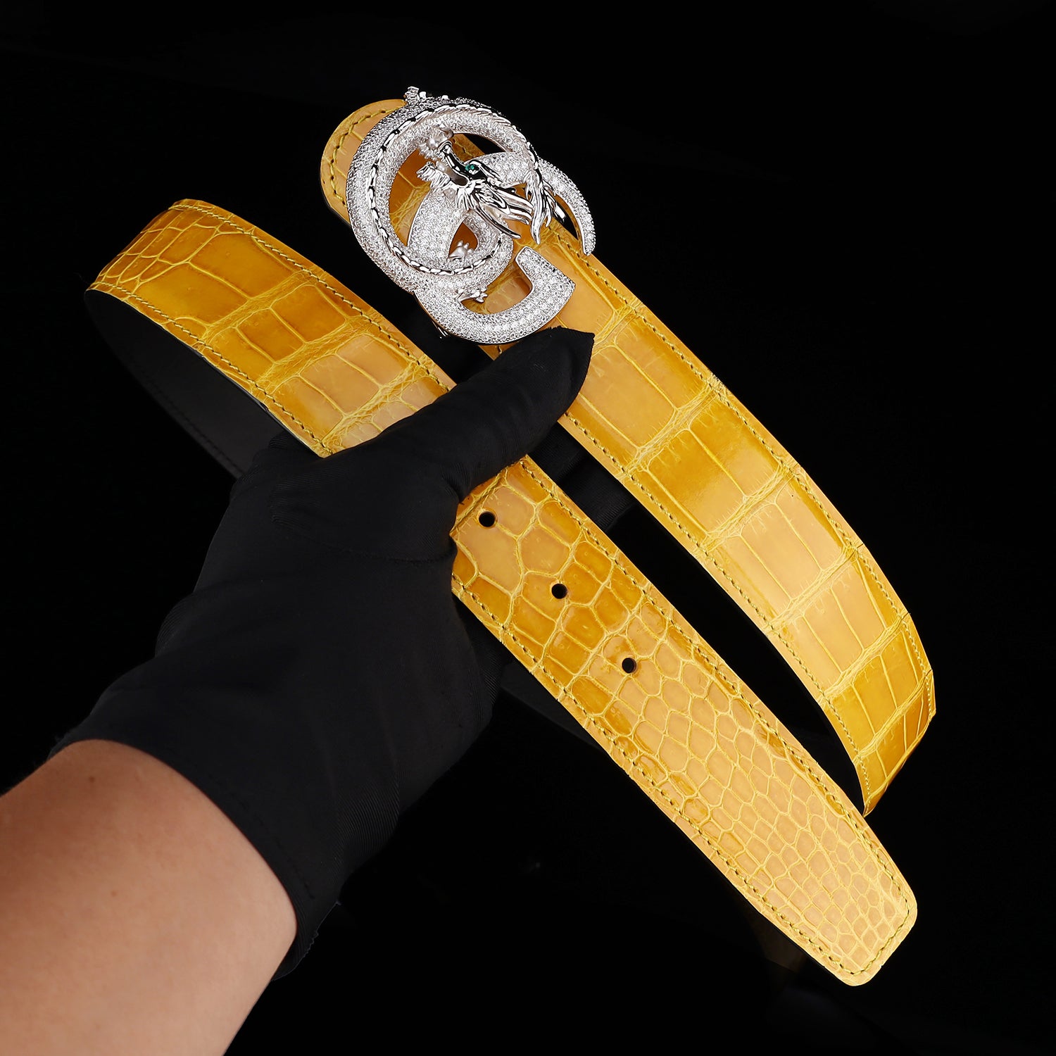 BELTLEY Premium Polished Crocodile Leather Belt – Amber Gold