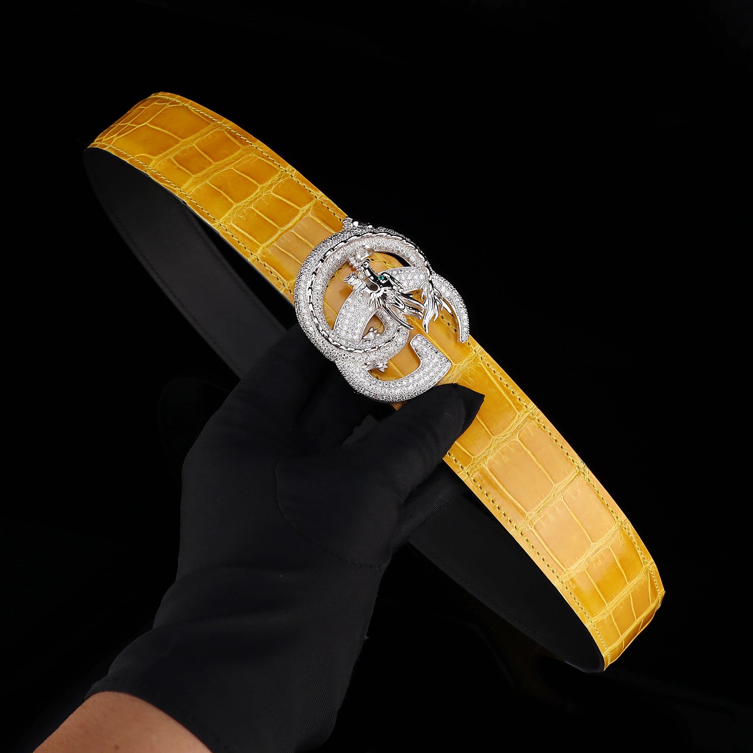 BELTLEY Premium Polished Crocodile Leather Belt – Amber Gold