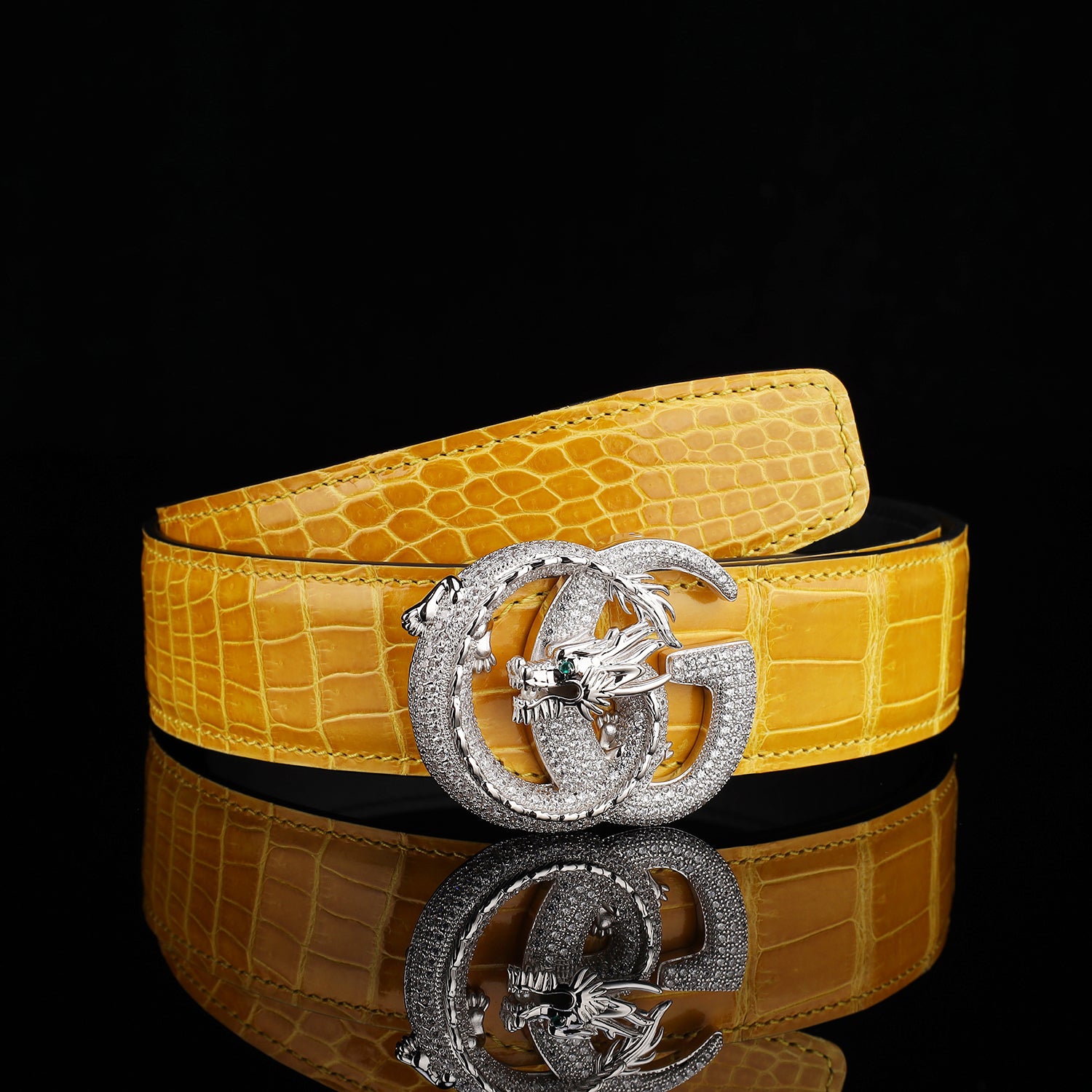 BELTLEY Premium Polished Crocodile Leather Belt – Amber Gold