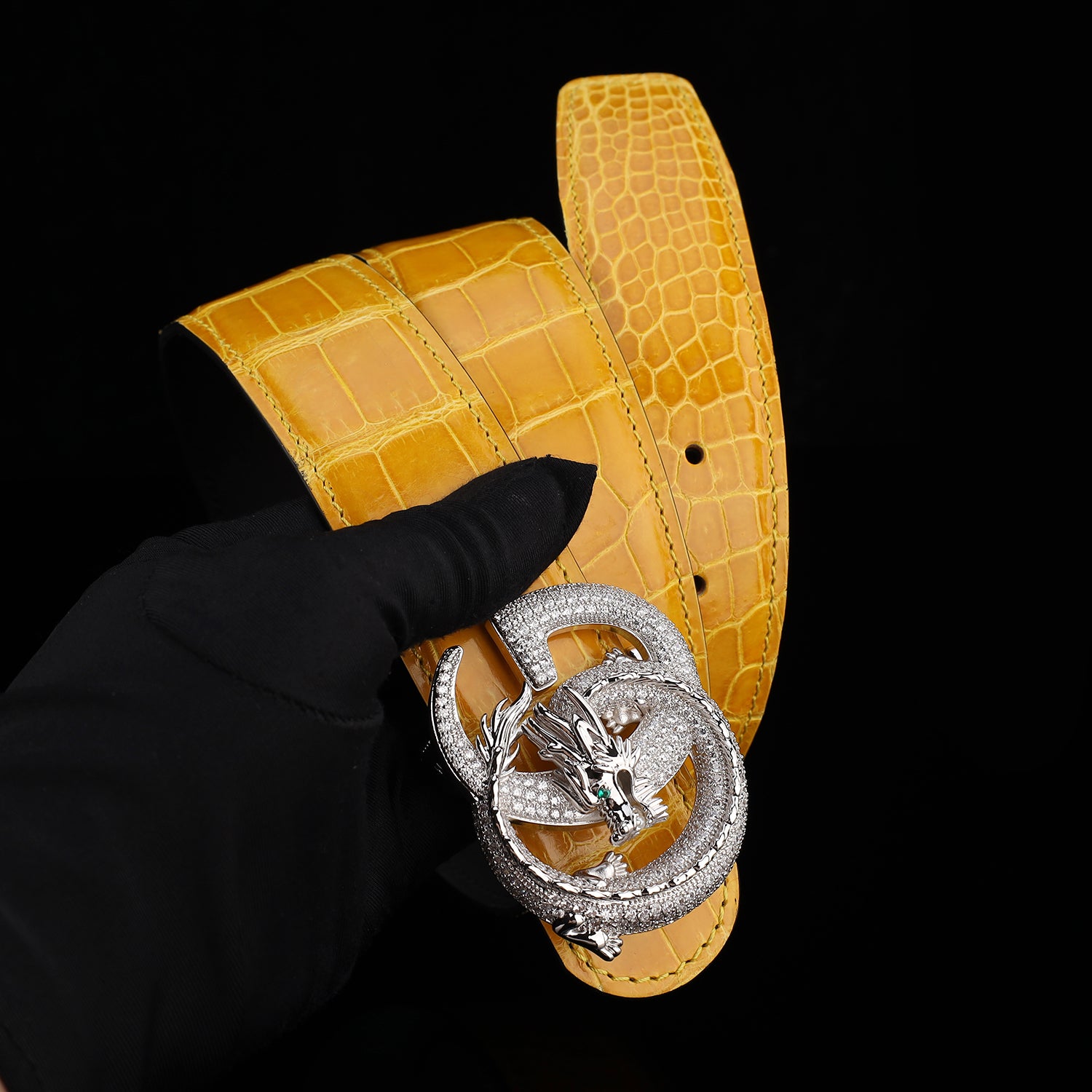 BELTLEY Premium Polished Crocodile Leather Belt – Amber Gold
