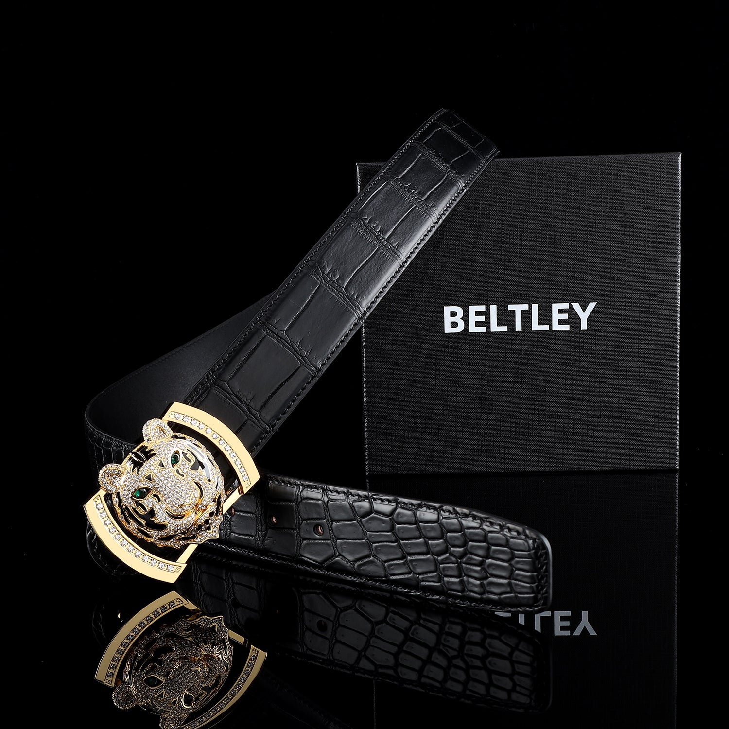 BELTLEY Prestige Black Crocodile Belly-Cut Belt with Gold Tiger Buckle