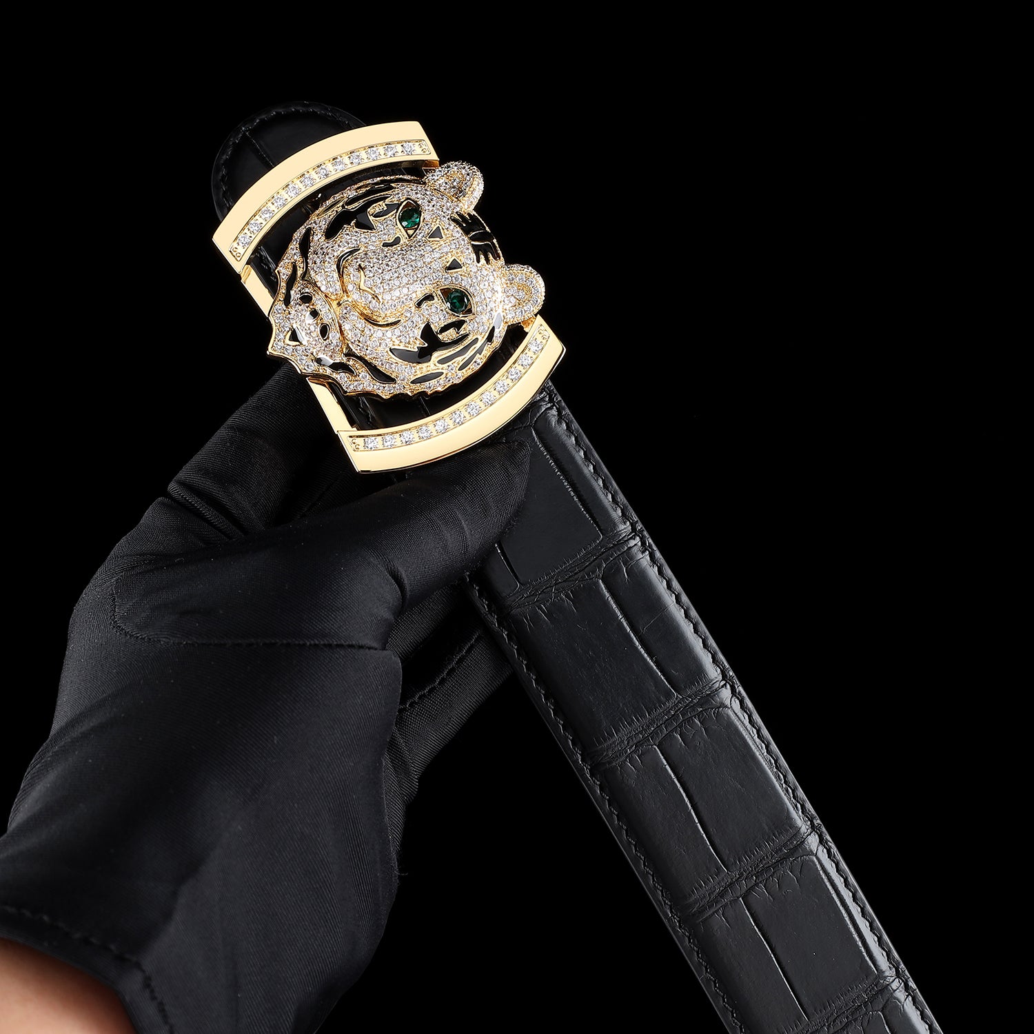 BELTLEY Prestige Black Crocodile Belly-Cut Belt with Gold Tiger Buckle