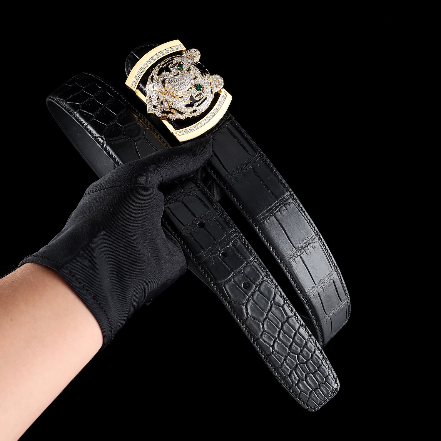 BELTLEY Prestige Black Crocodile Belly-Cut Belt with Gold Tiger Buckle
