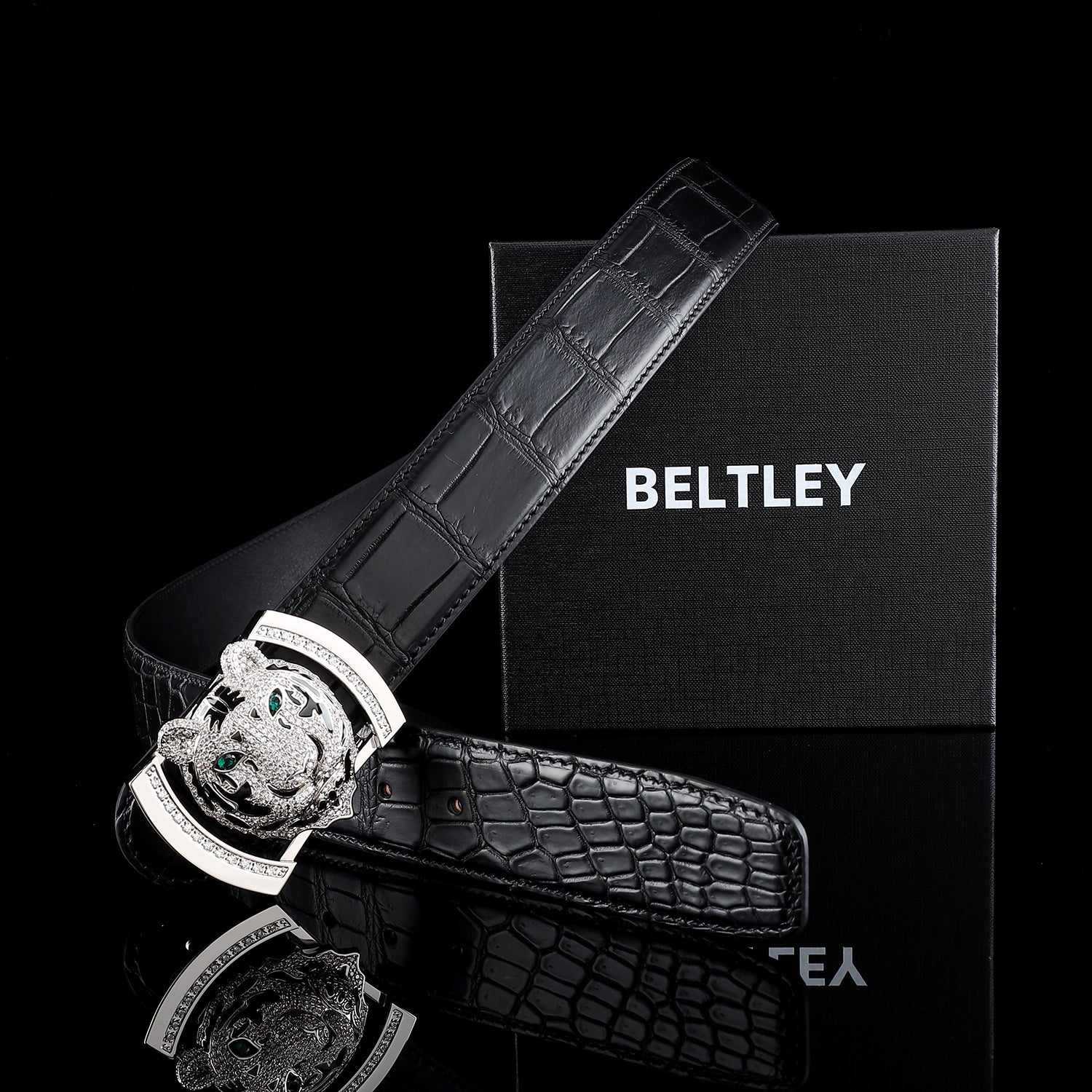 BELTLEY Black Crocodile Belly-Cut Belt with Silver Tiger Buckle