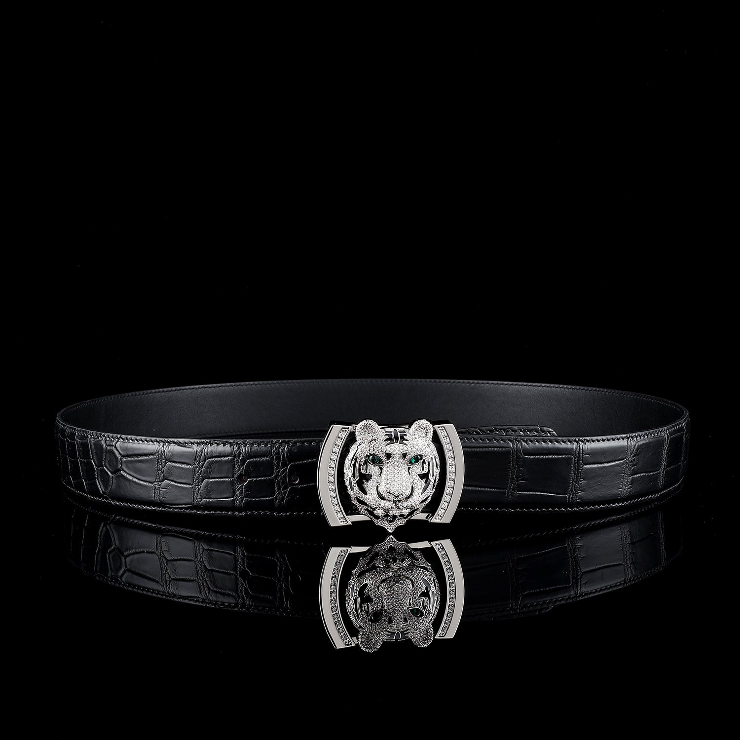 BELTLEY Black Crocodile Belly-Cut Belt with Silver Tiger Buckle