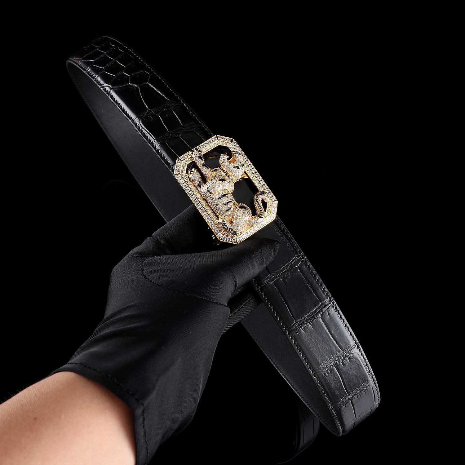 BELTLEY Prestige Black Crocodile Leather Belt – Authentic Nile Skin-Tiger buckle