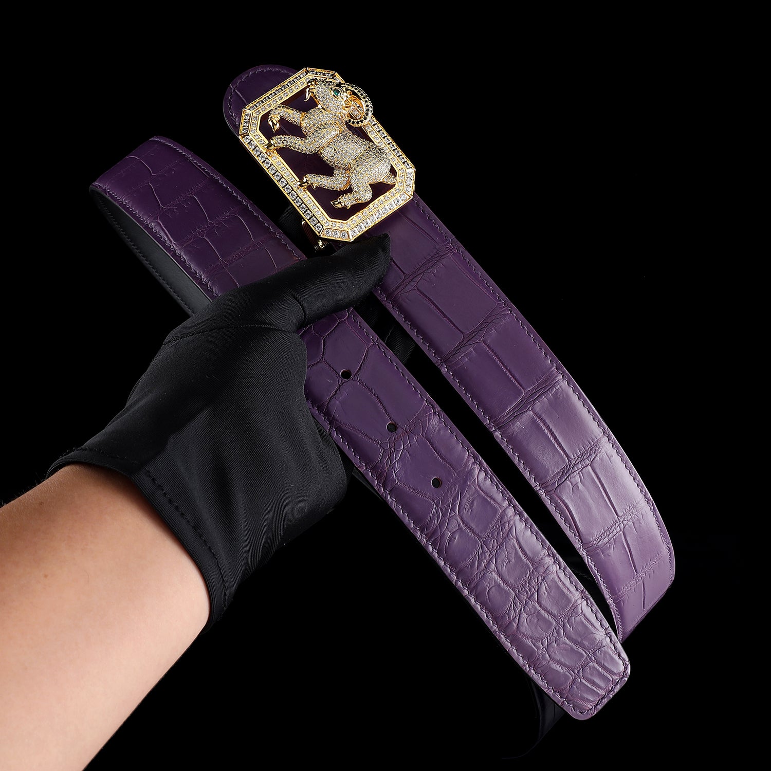 BELTLEY Purple Exotic Crocodile Skin Belt — Limited Edition Goat Buckle