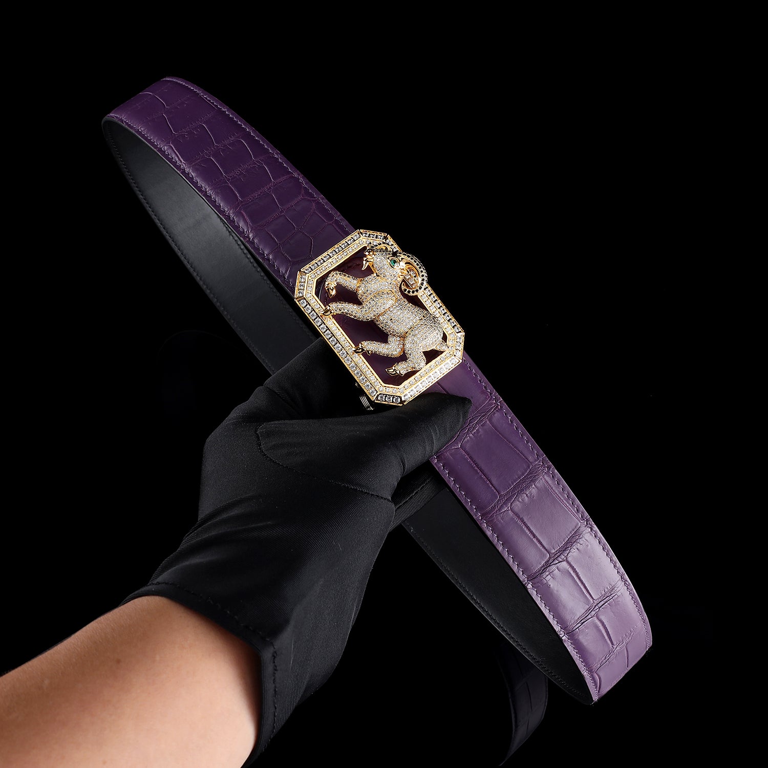 BELTLEY Purple Exotic Crocodile Skin Belt — Limited Edition Goat Buckle