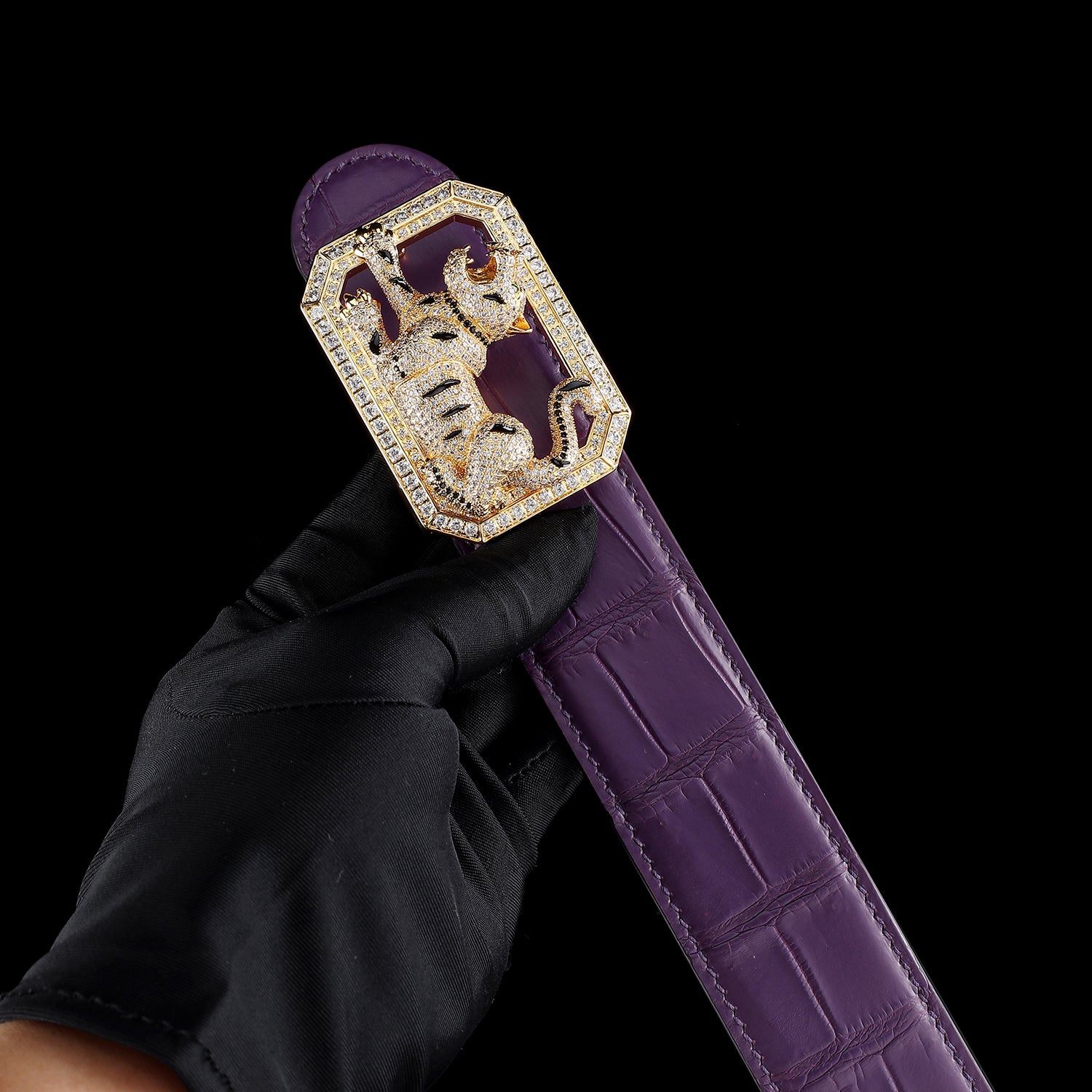 BELTLEY Purple Genuine Crocodile Belt with Jewelry Tiger buckle