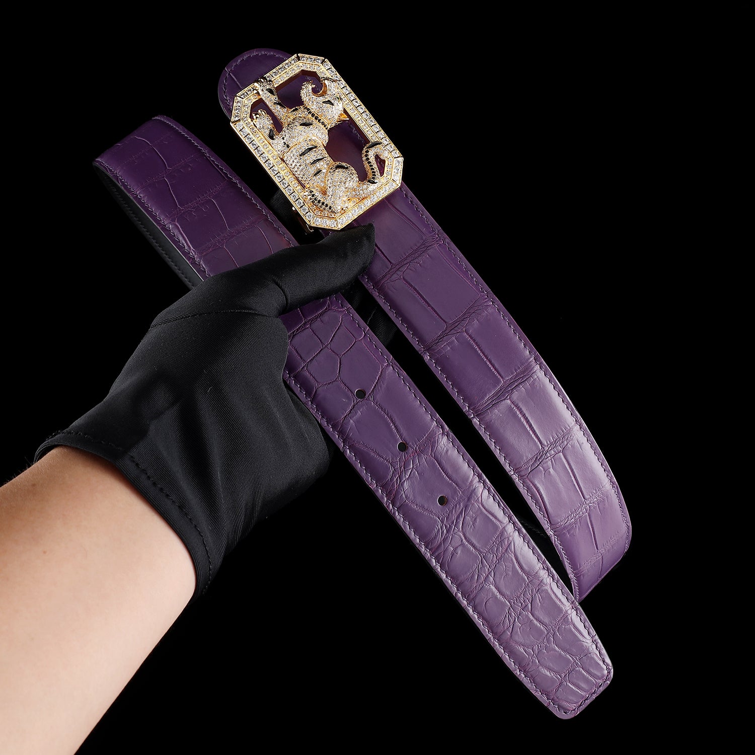 BELTLEY Purple Genuine Crocodile Belt with Jewelry Tiger buckle