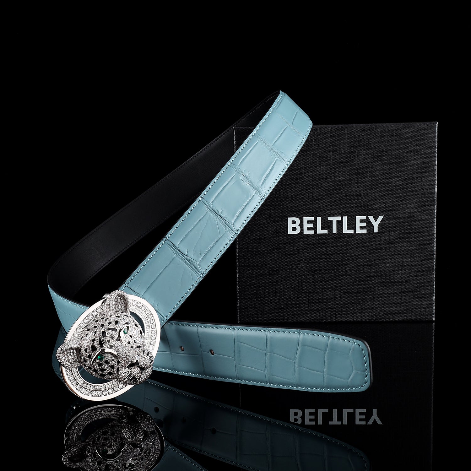 BELTLEY Real Blue Crocodile Leather Belt for Men with 3D Leopard Buckle