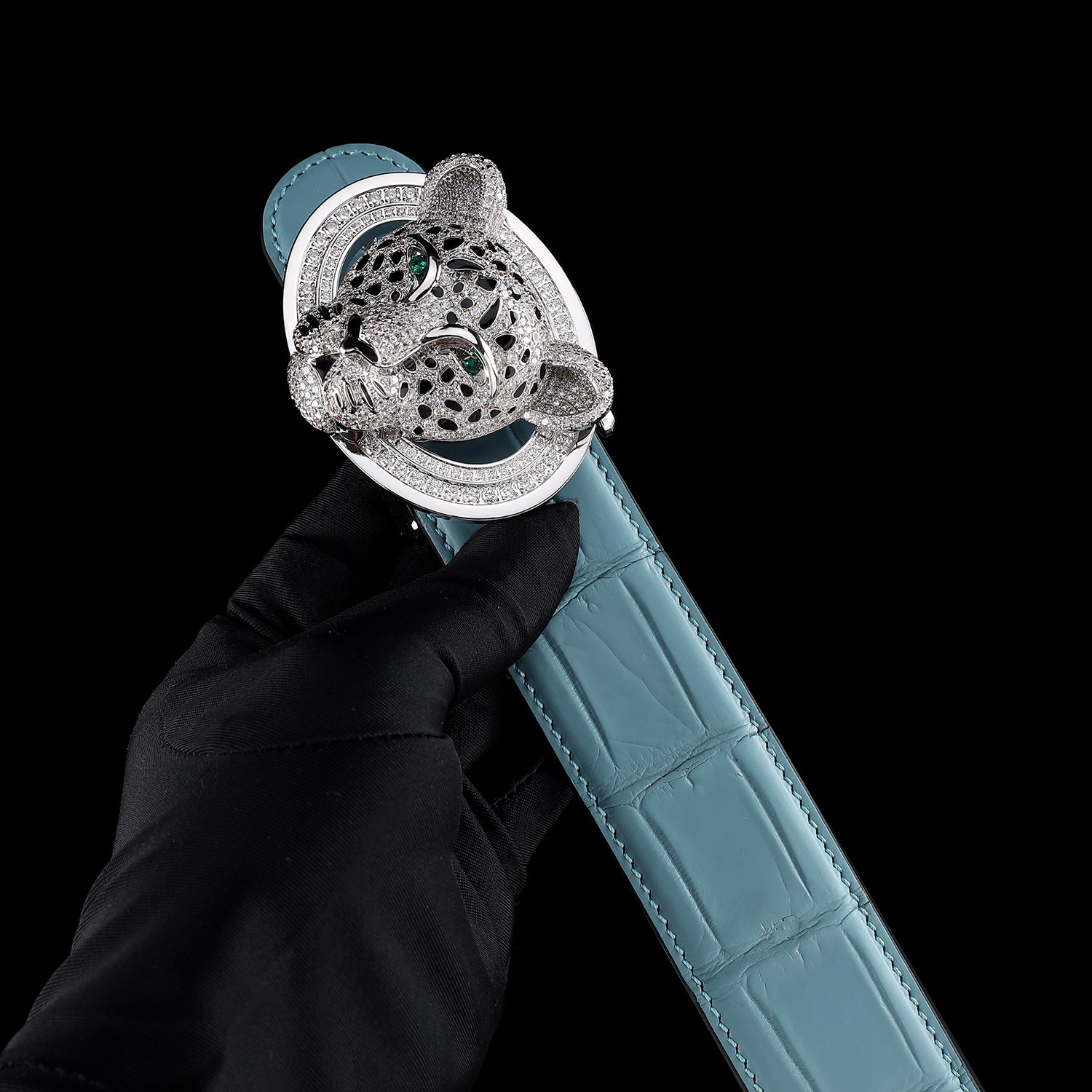 BELTLEY Real Blue Crocodile Leather Belt for Men with 3D Leopard Buckle