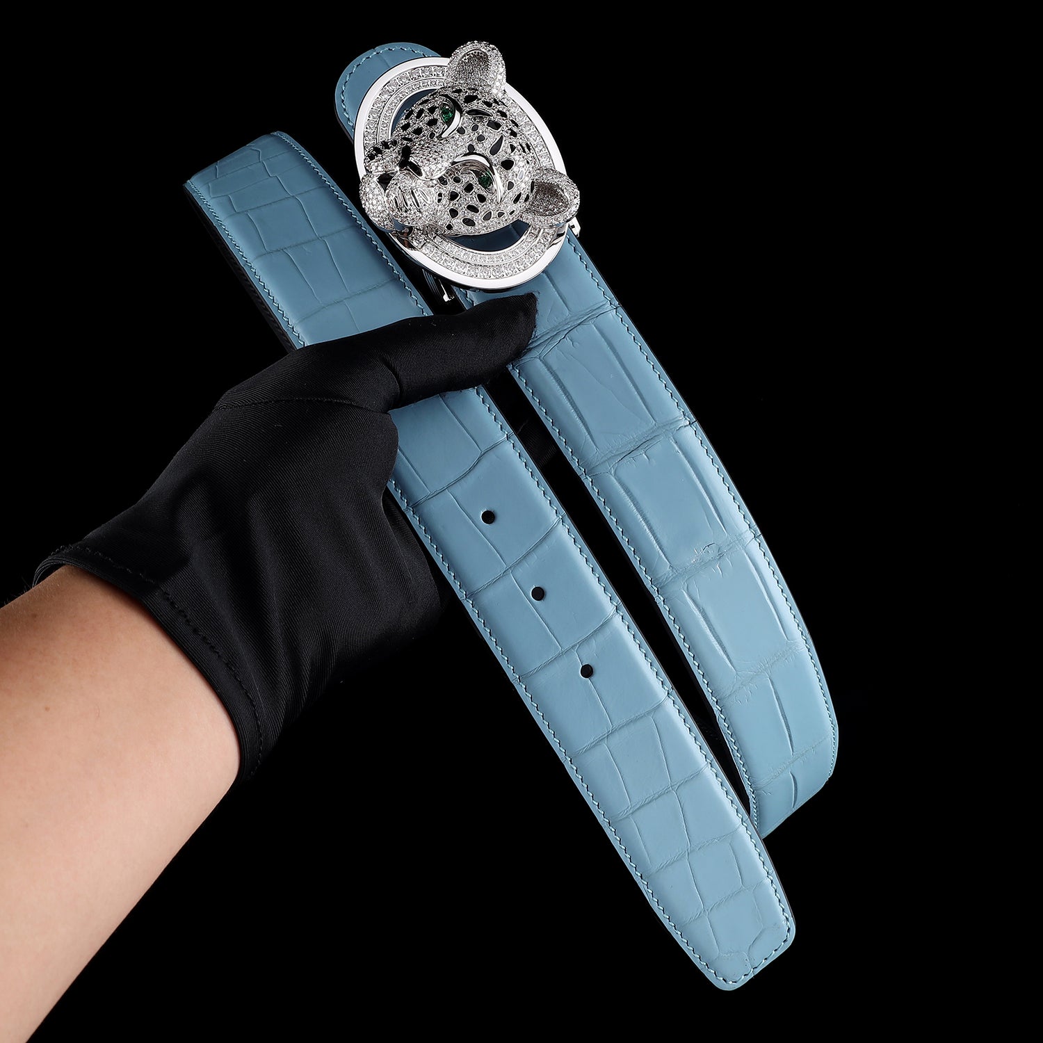 BELTLEY Real Blue Crocodile Leather Belt for Men with 3D Leopard Buckle