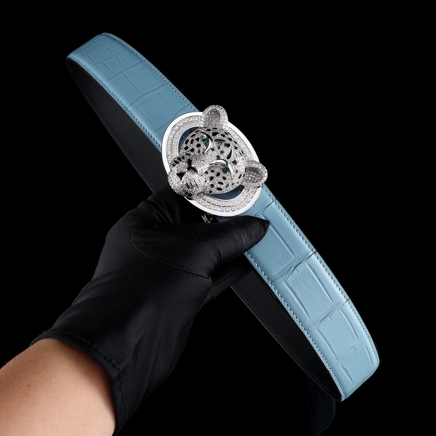 BELTLEY Real Blue Crocodile Leather Belt for Men with 3D Leopard Buckle