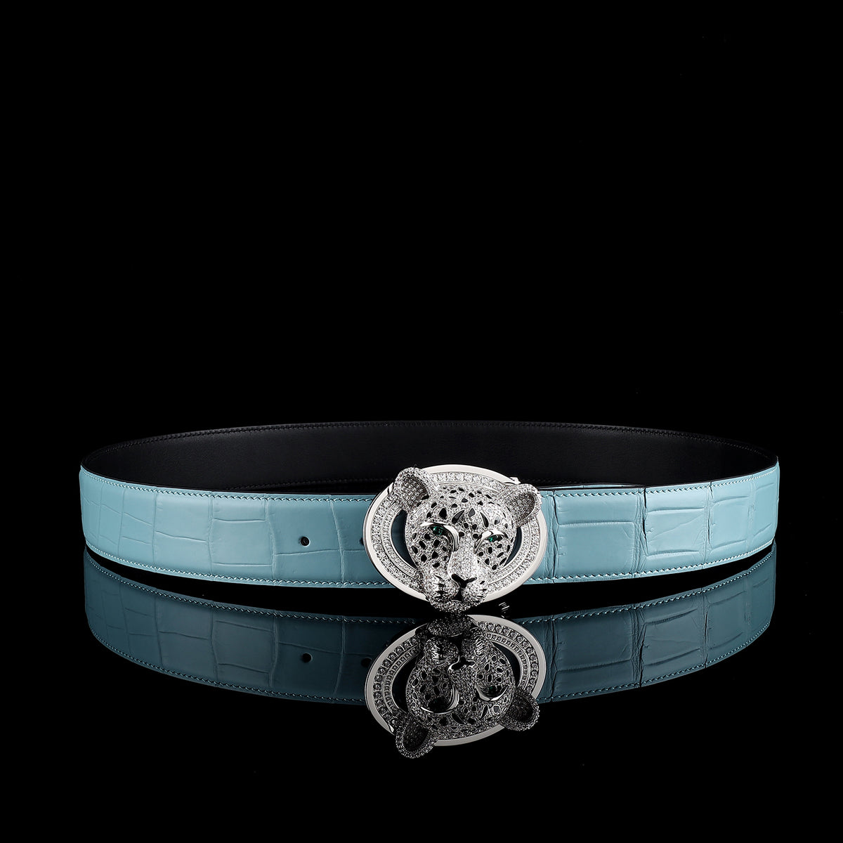 Berge Light Blue Animal Print Leather Belt with Silver Buckle Size L Wide BERGE Italy Light Blue Snake Print Leather Silver Buckle  main image 2