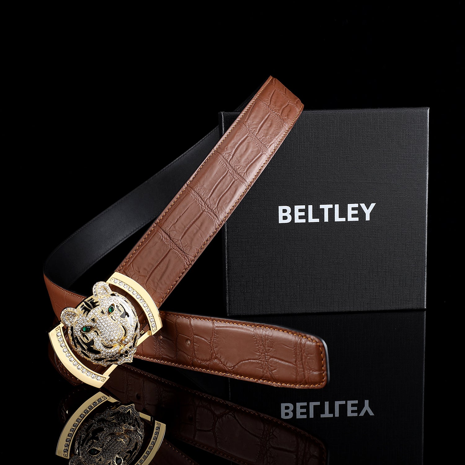 BELTLEY Real Crocodile Belt for Men in Chestnut Brown