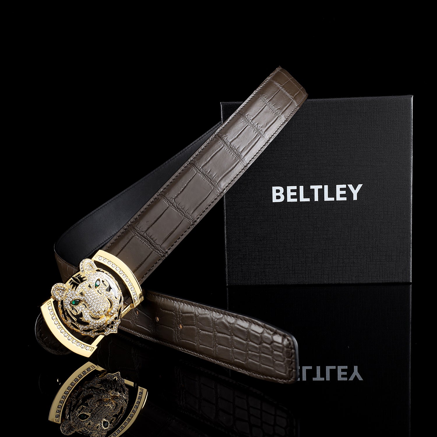 BELTLEY Real Crocodile Belt with Gold 3D Tiger head buckle – Espresso