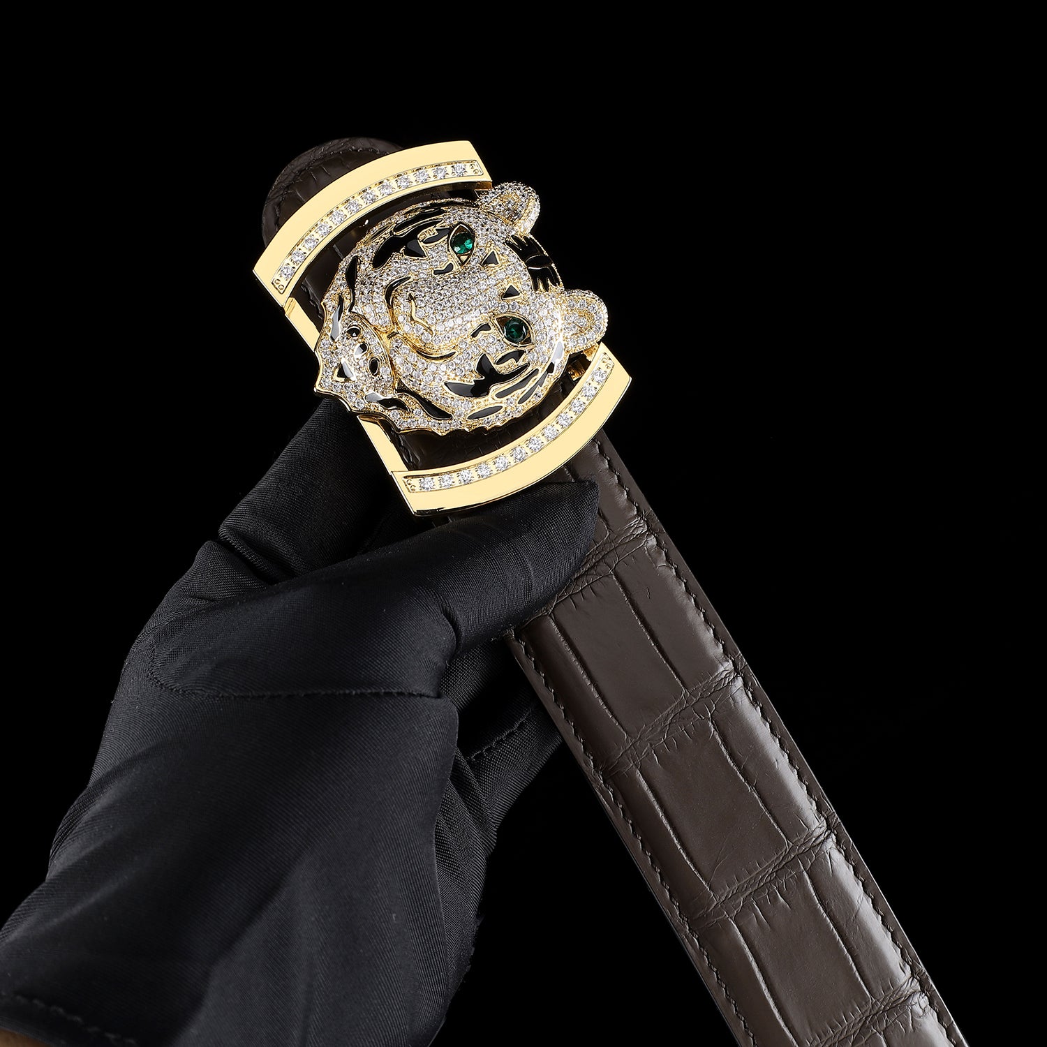 BELTLEY Real Crocodile Belt with Gold 3D Tiger head buckle – Espresso