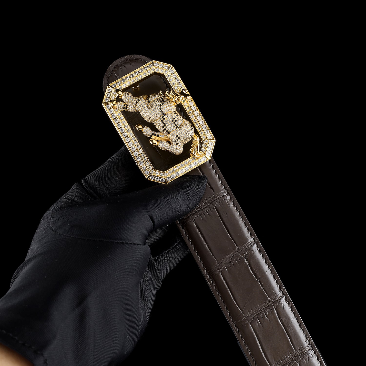 BELTLEY Real Crocodile Skin Belt with Horse Buckle – Espresso Brown