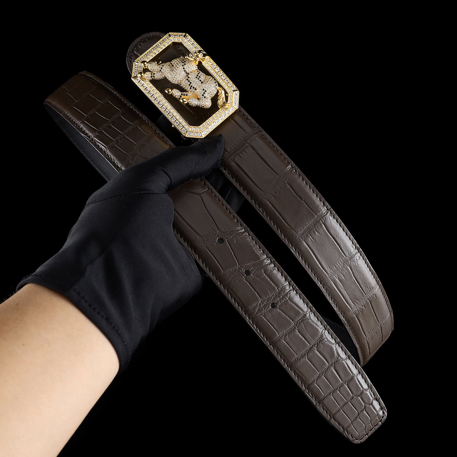 BELTLEY Real Crocodile Skin Belt with Horse Buckle – Espresso Brown