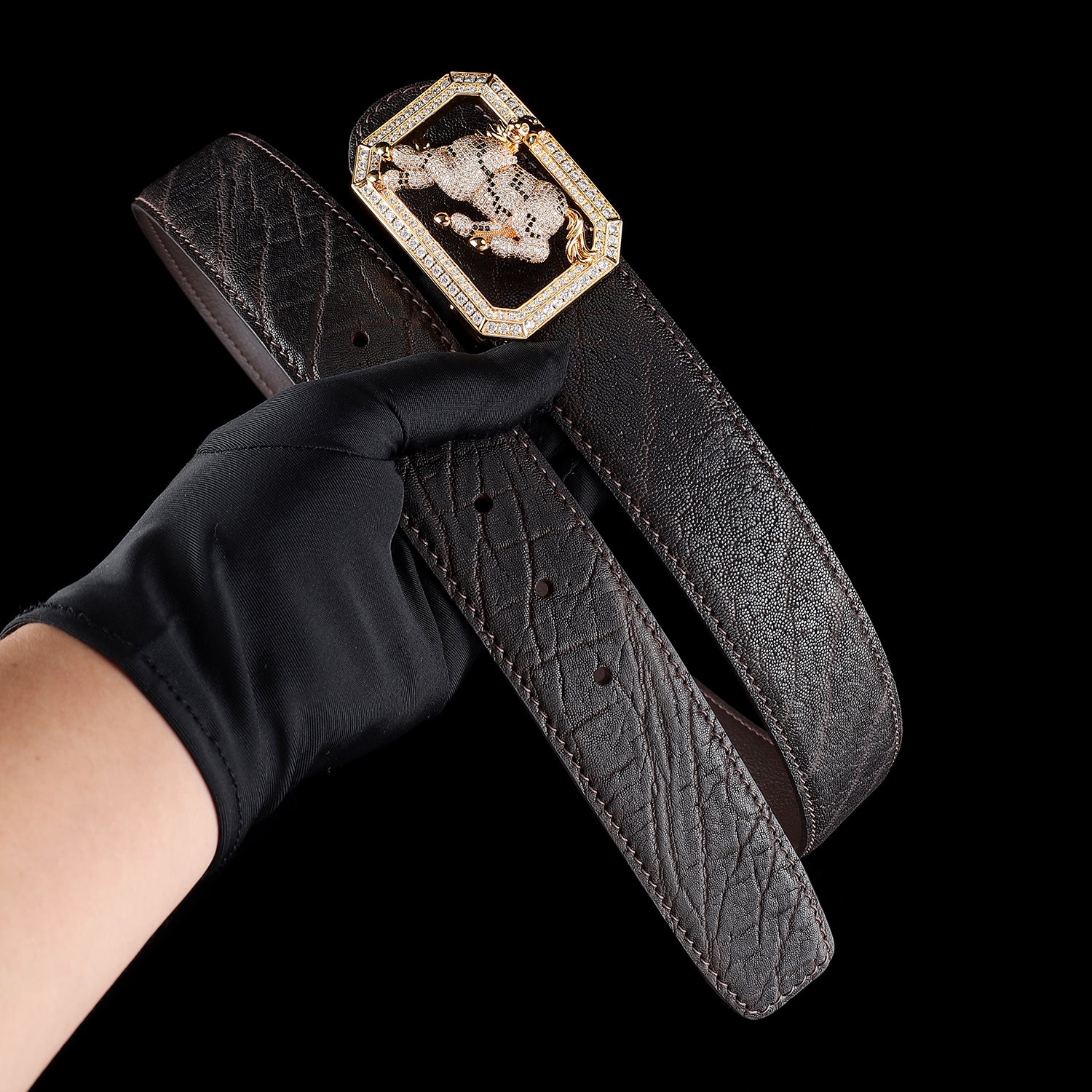 BELTLEY Real Elephant Skin Belt in Espresso Brown-Horse Buckle