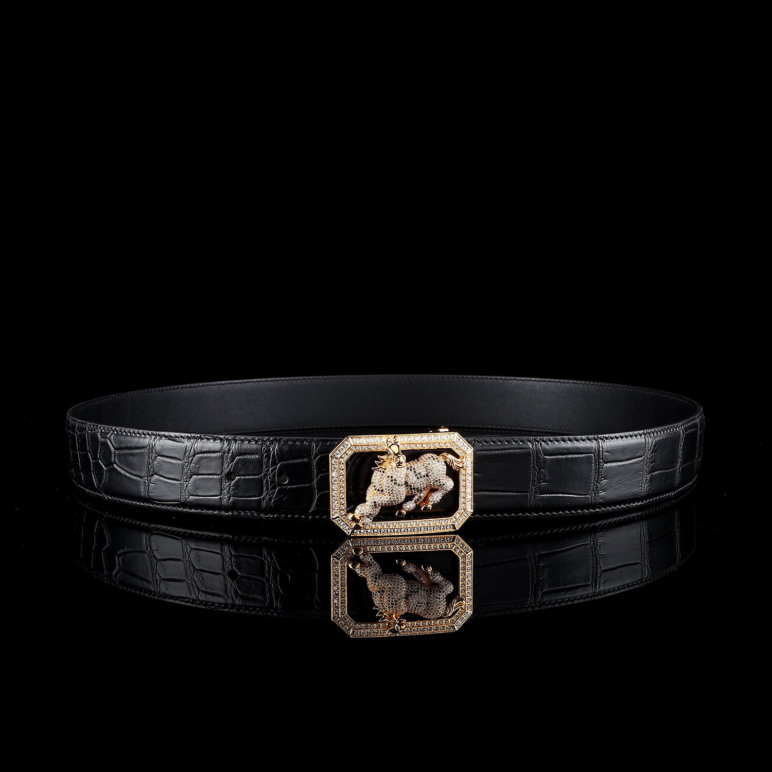 BELTLEY Real Nile Crocodile Leather Belt-Gold Plated Horse Buckle Belt