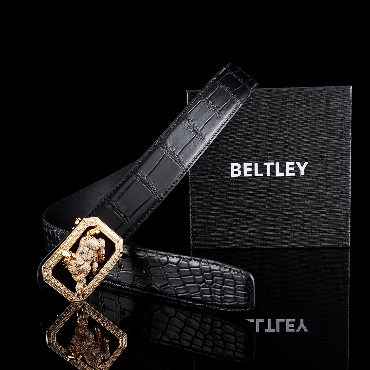BELTLEY Real Nile Crocodile Leather Belt-Gold Plated Horse Buckle Belt