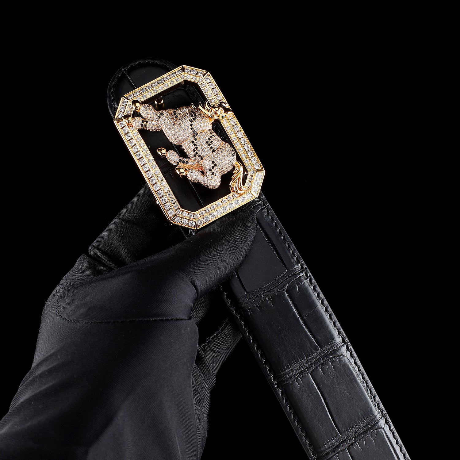 BELTLEY Real Nile Crocodile Leather Belt-Gold Plated Horse Buckle Belt