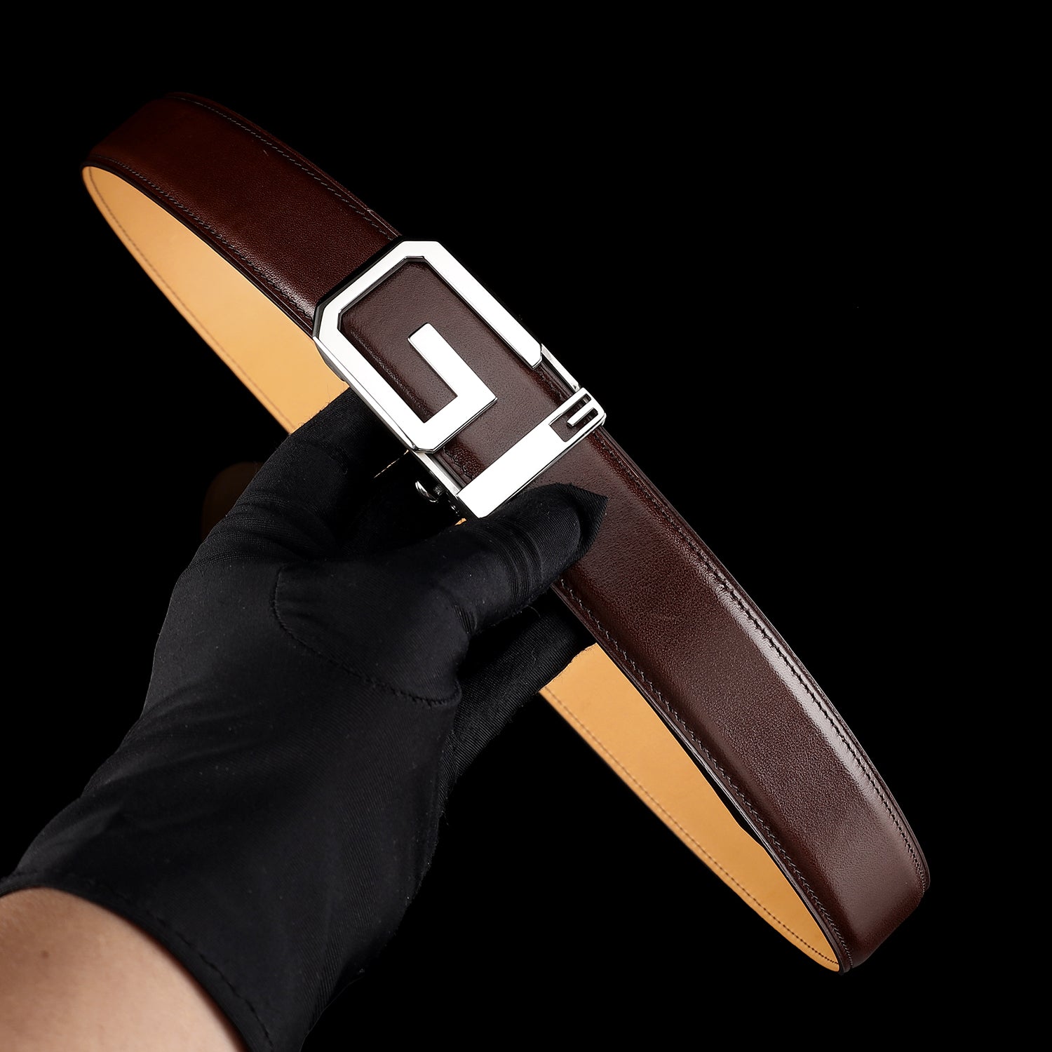 Brown Full-Grain Calfskin Leather Belt with Signature “G” Buckle — additional view 12 | BELTLEY