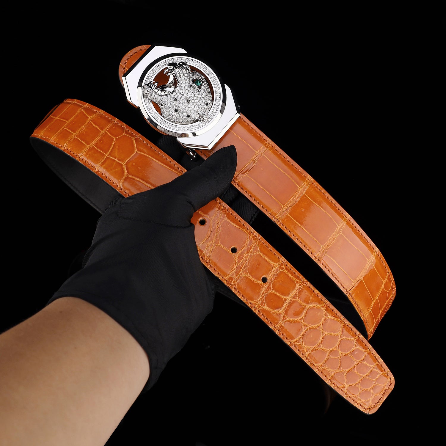 BELTLEY Royal Cognac Orange Glazed Crocodile Belt