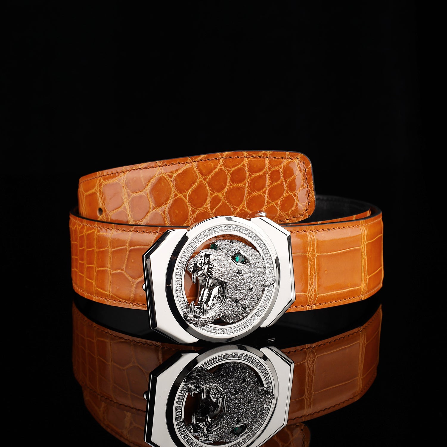BELTLEY Royal Cognac Orange Glazed Crocodile Belt