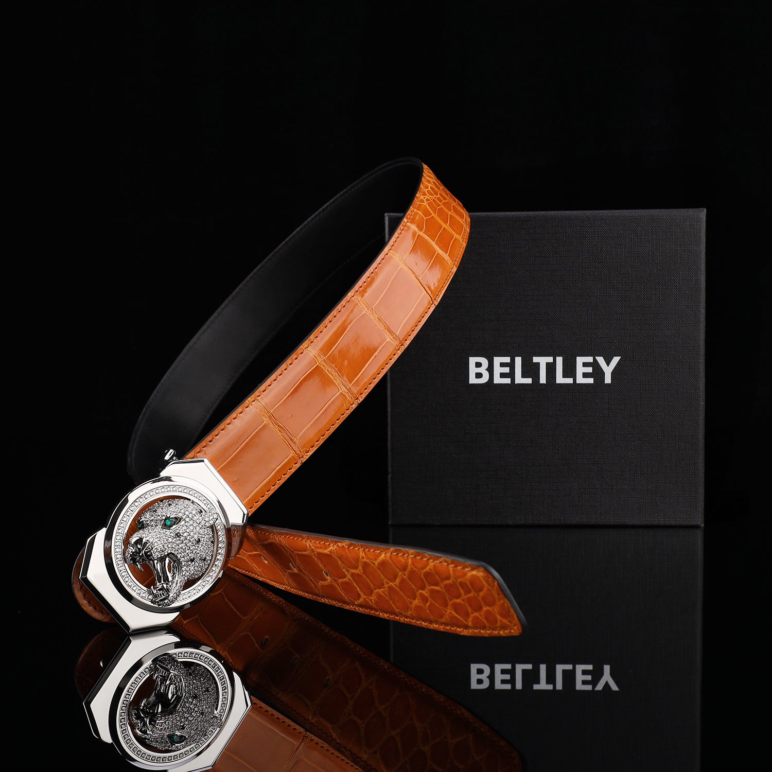 BELTLEY Royal Cognac Orange Glazed Crocodile Belt
