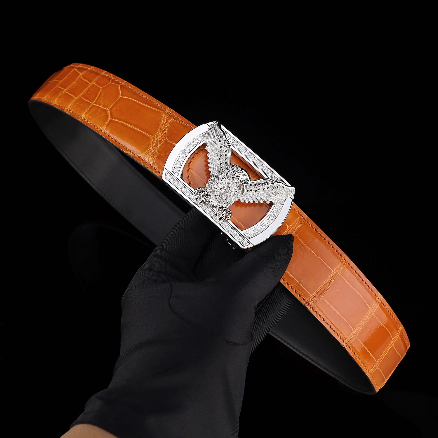BELTLEY Royal Cognac Orange Glazed Nile Crocodile Belt