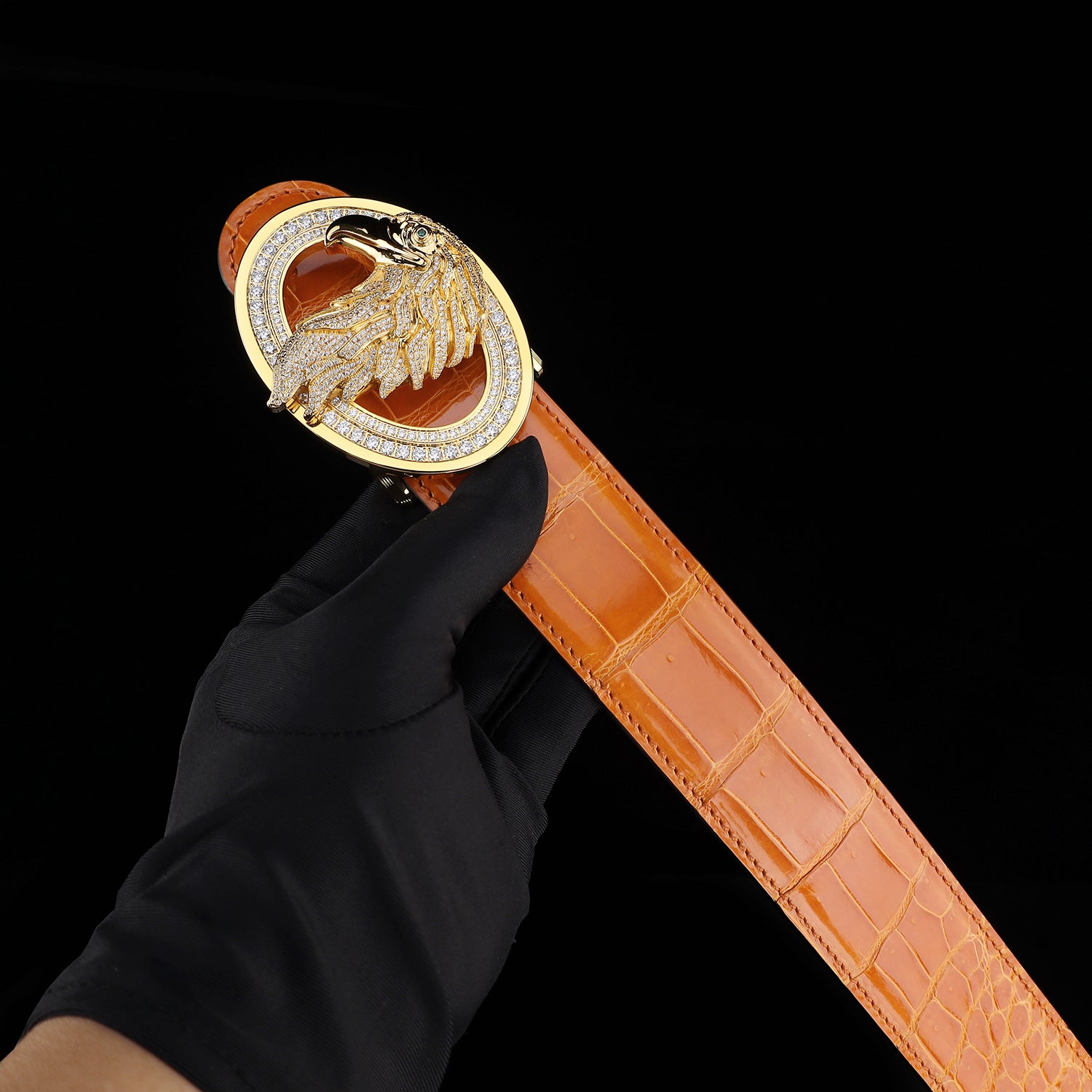 BELTLEY Royal Cognac Orange Glossy Crocodile Belt