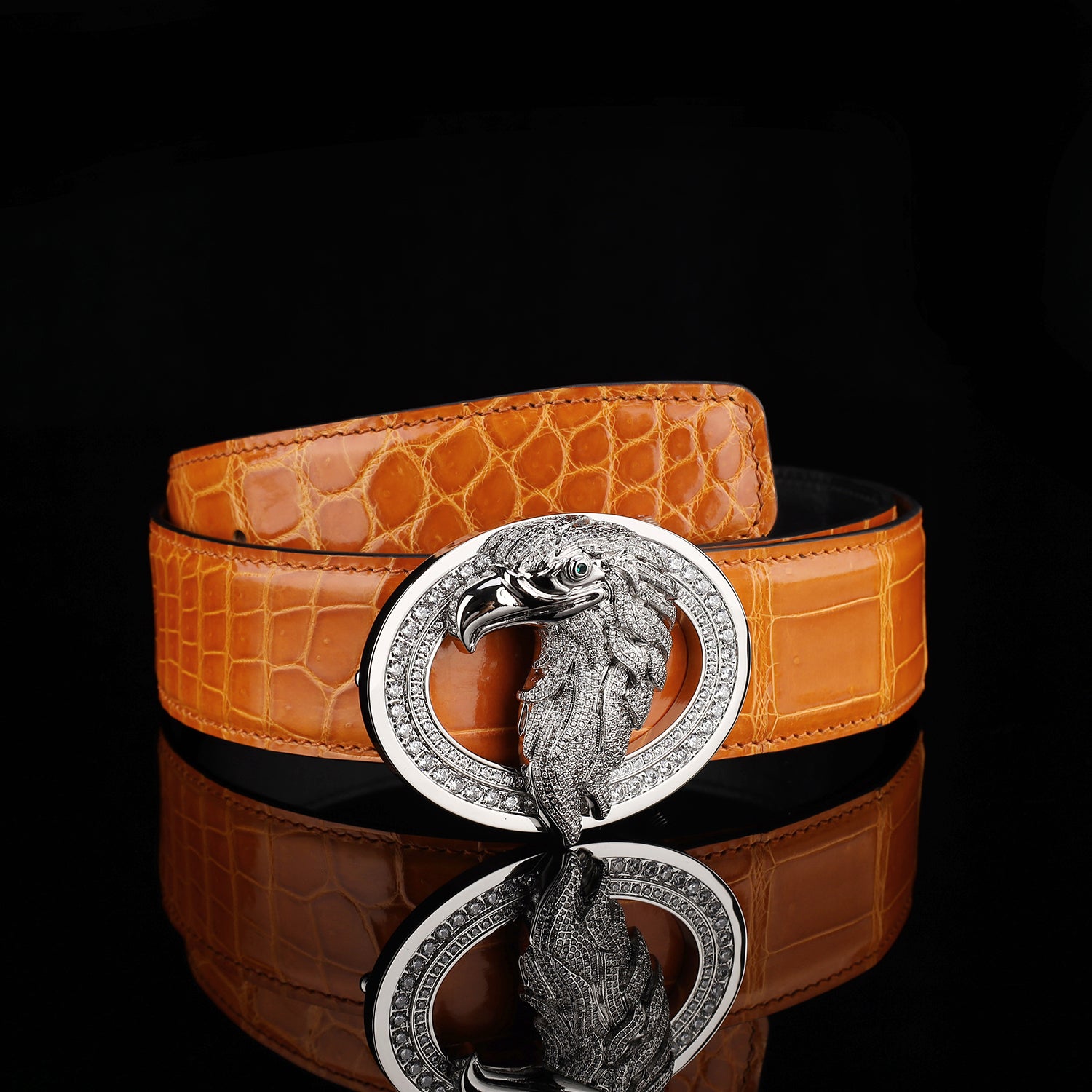 BELTLEY Royal Cognac Orange Glossy Crocodile Belt