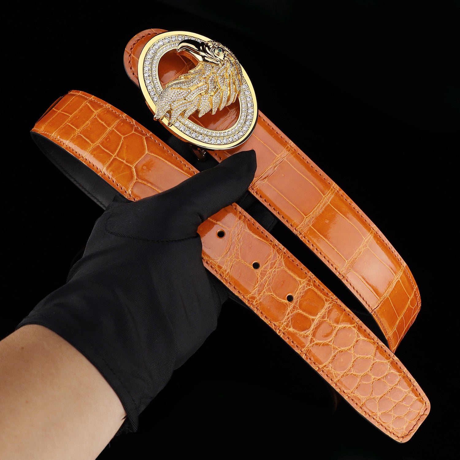 BELTLEY Royal Cognac Orange Glossy Crocodile Belt
