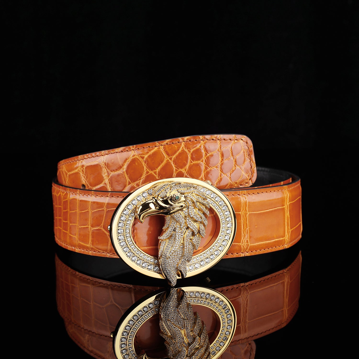 BELTLEY Royal Cognac Orange Glossy Crocodile Belt