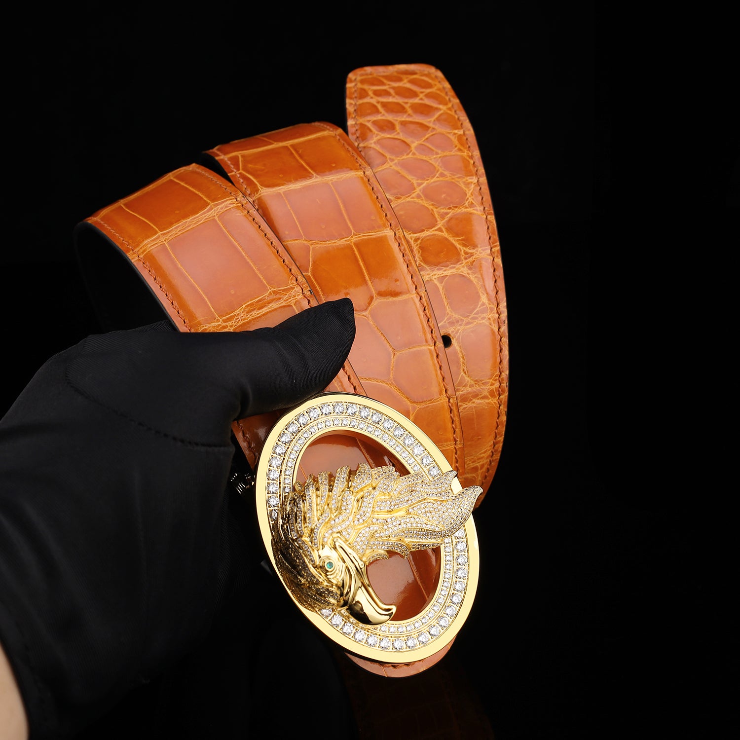 BELTLEY Royal Cognac Orange Glossy Crocodile Belt